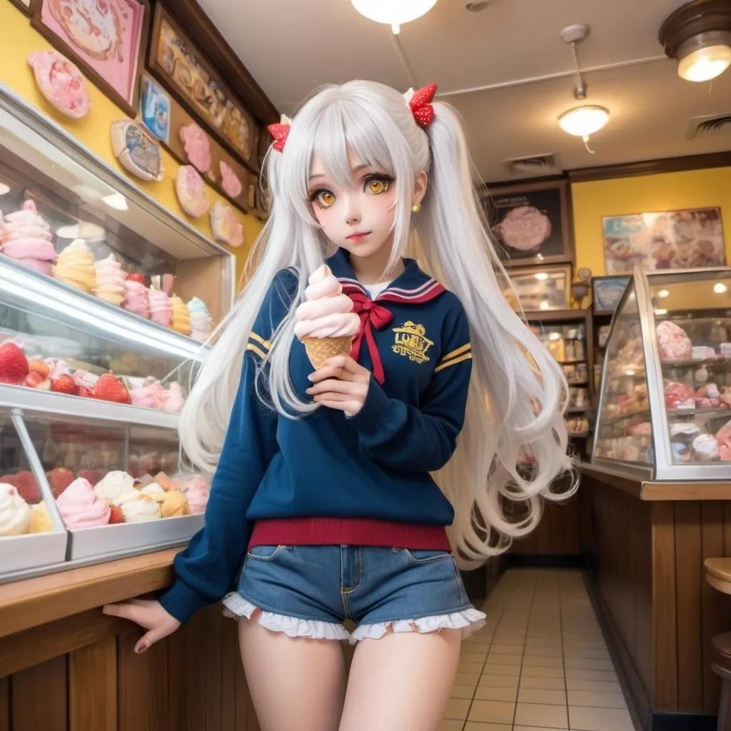 Prompt: anime girl with long flowy silver white hair that has candy and strawberries in it and golden yellow eyes in a cute lolita sailor blue sweater and jeans shorts with fishnets and yellow and brown flannel leg warmers doing dynamic poses in an interesting fish eye perspective next to an ice cream parlor leaning against a display case