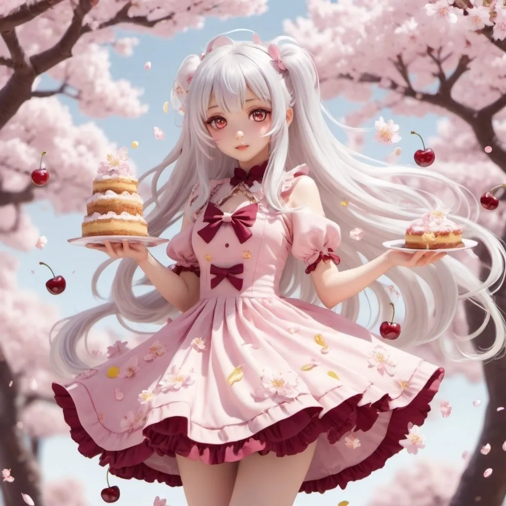 Prompt: kawaii dessert theme anime girl in a cherry blossom dessert themed cute flowy lolita dress with long silver white hair with candy on it and yellow golden eyes doing dynamic poses in an interesting perspective with cherry petals falling and the girl holding some desserts