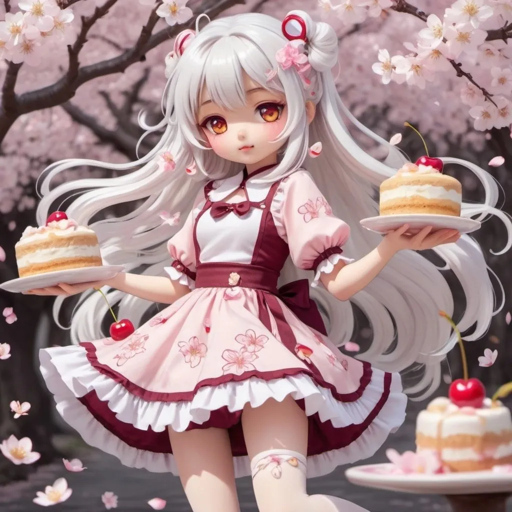 Prompt: kawaii dessert theme chibi girl in a cherry blossom dessert themed cute flowy lolita dress with long silver white hair with candy on it and yellow golden eyes doing dynamic poses in an interesting perspective with cherry petals falling and the girl holding some desserts