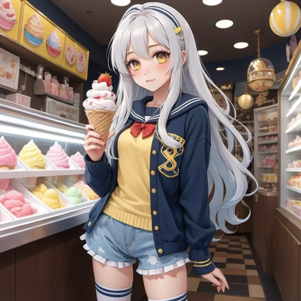 Prompt: anime girl with long flowy silver white hair that has candy and strawberries in it and golden yellow eyes in a cute lolita sailor blue sweater and jeans shorts with fishnets and yellow and brown flannel leg warmers doing dynamic poses in an interesting fish eye perspective next to an ice cream parlor leaning against a display case of ice cream