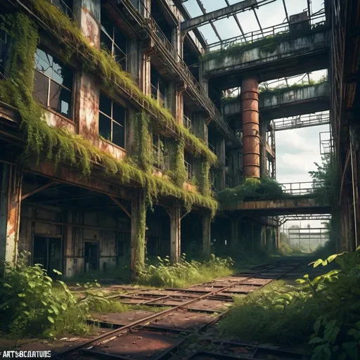 Prompt: Dusty abandoned industrial complex overtaken by vegetation, hyper-detailed, artstation, overgrown, decaying structures, colourful rusted machinery, atmospheric lighting, high quality, professional, detailed vegetation, eerie atmosphere, post-apocalyptic, overgrown ruins, hauntingly beautiful, industrial decay, nature reclamation, intricate vines and foliage, moody color tones, dramatic lighting