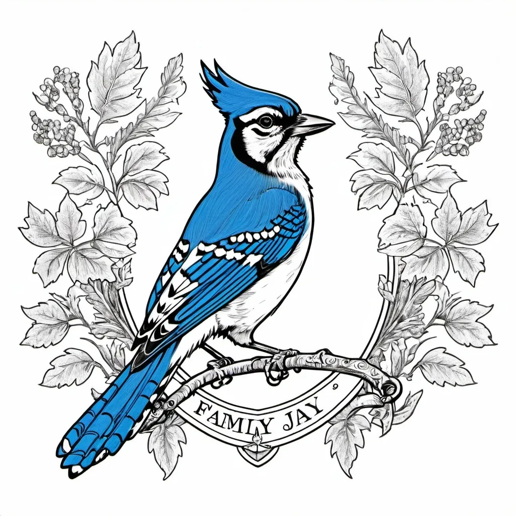 Prompt: line drawing of family crest with blue jay