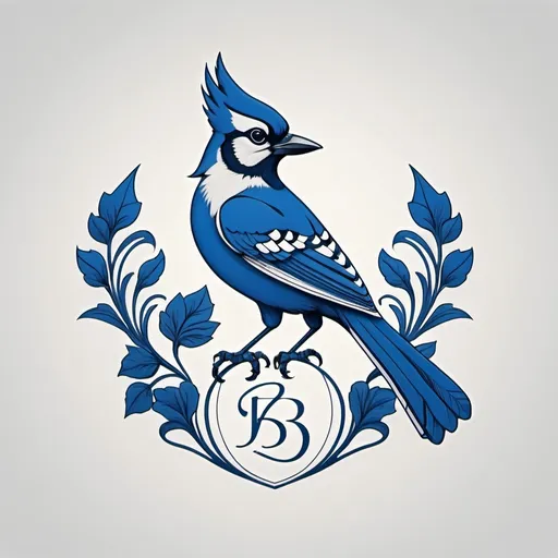 Prompt: a minimalistic line drawing of a family crest with a 'B' and blue jay