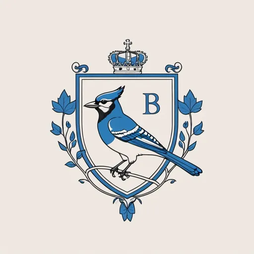 Prompt: a minimalistic line drawing of a family crest with a 'B' and blue jay