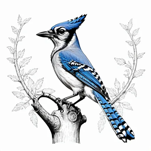 Prompt: line drawing of a blue jay on a bull horn 