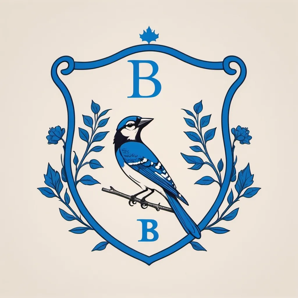 Prompt: a minimalistic line drawing of a family crest with a 'B' and blue jay