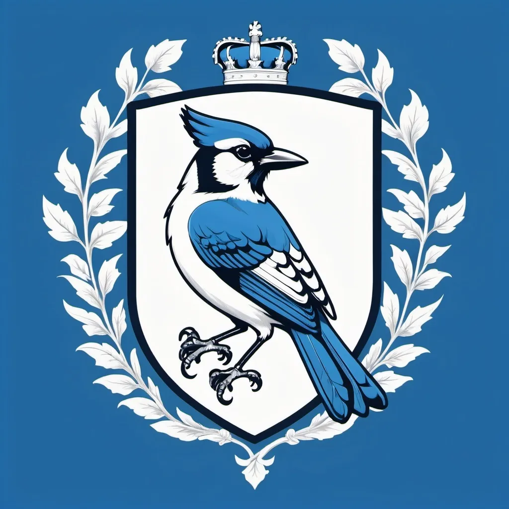 Prompt: a minimalistic line drawing of a coat of arms with a 'B' and blue jay