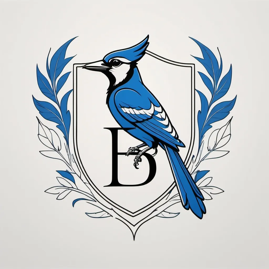 Prompt: minimalistic line drawing of a family crest, featuring an eloquent (letter "B"), adorned with a (stylized blue jay), elegant and sleek design, black outlines on a pristine white background, crisp details, harmonious balance, modern aesthetic, simplicity, ideal for framing or personal use, high-quality illustration, minimalistic yet meaningful