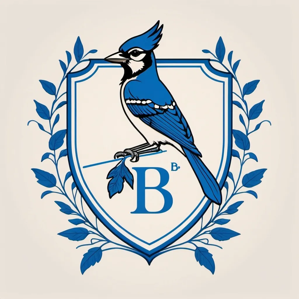 Prompt: a minimalistic line drawing of a family crest with a 'B' and blue jay