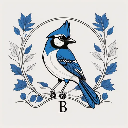 Prompt: black and white, (minimalistic line drawing), family crest design, features 'B', blue jay illustration, clean lines, elegant shapes, an intertwined natural element with the blue jay, harmonious composition, simple yet symbolic, crisp outlines, modern aesthetic, subtle sophistication.