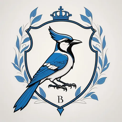 Prompt: minimalistic line drawing of a family crest, featuring an eloquent (letter "B"), adorned with a (stylized blue jay), elegant and sleek design, black outlines on a pristine white background, crisp details, harmonious balance, modern aesthetic, simplicity, ideal for framing or personal use, high-quality illustration, minimalistic yet meaningful