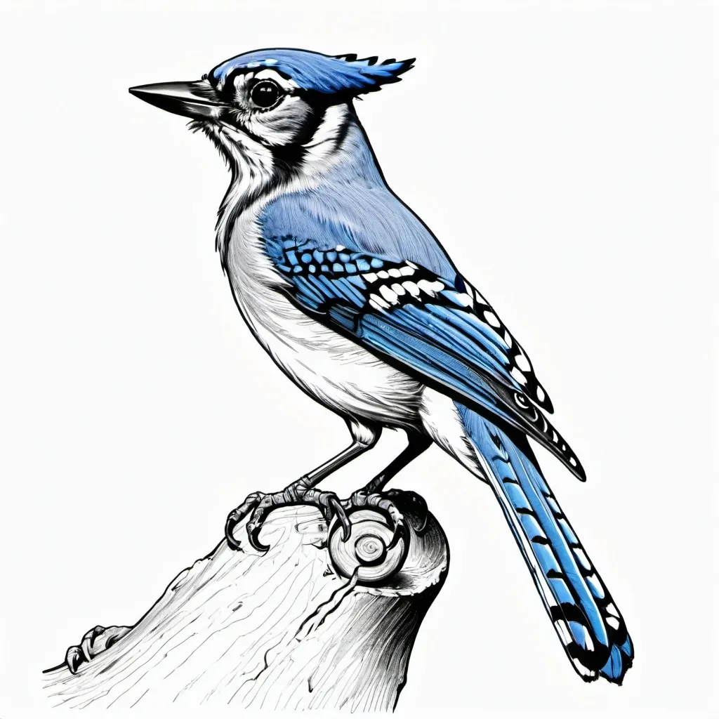 Prompt: line drawing of a blue jay sitting on a bull horn