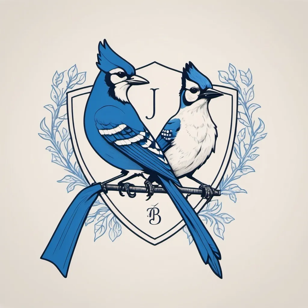 Prompt: a minimalistic line drawing of a family crest with a 'BOHLING' and blue jay