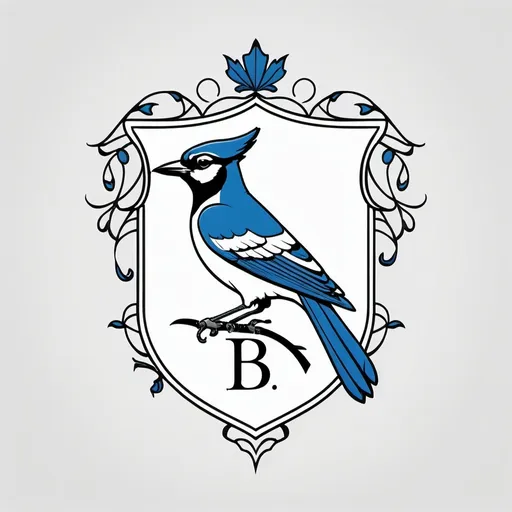 Prompt: minimalistic line drawing of a family crest, featuring an eloquent (letter "B"), adorned with a (stylized blue jay), elegant and sleek design, black outlines on a pristine white background, crisp details, harmonious balance, modern aesthetic, simplicity, ideal for framing or personal use, high-quality illustration, minimalistic yet meaningful