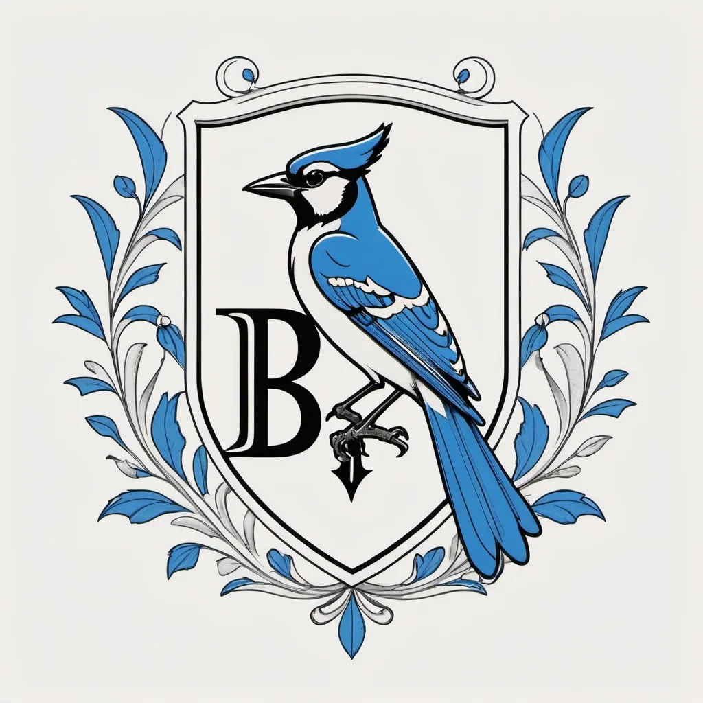 Prompt: minimalistic line drawing of a family crest, featuring an eloquent (letter "B"), adorned with a (stylized blue jay), elegant and sleek design, black outlines on a pristine white background, crisp details, harmonious balance, modern aesthetic, simplicity, ideal for framing or personal use, high-quality illustration, minimalistic yet meaningful