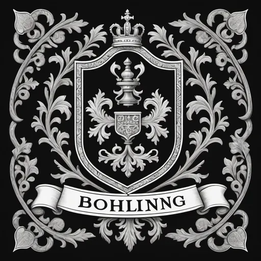 Prompt: a line drawing of a family crest with last name 'BOHLING'