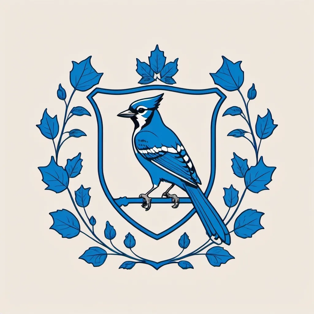 Prompt: a minimalistic line drawing of a family crest with a 'B' and blue jay