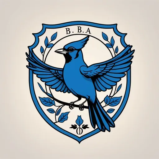 Prompt: a minimalistic line drawing of a family crest with a 'B' and blue jay