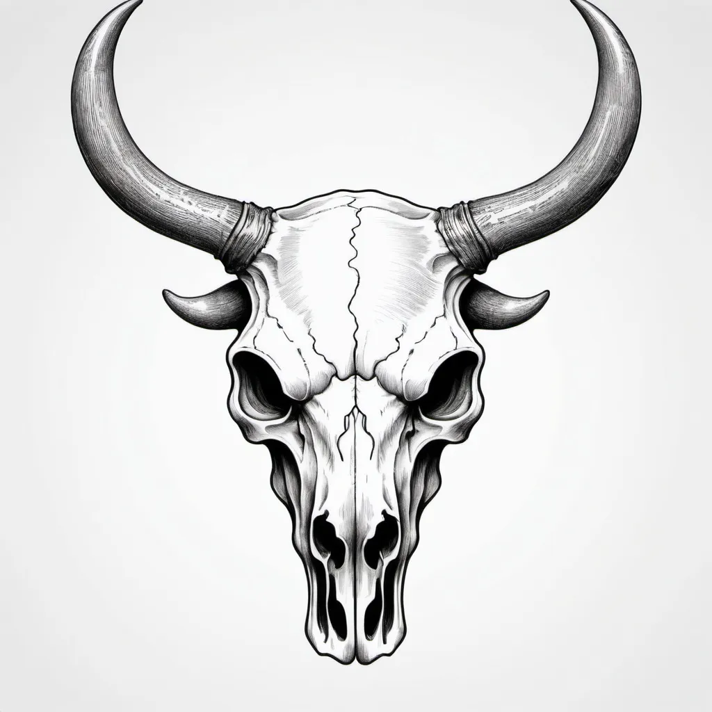 Prompt: line drawing of a bull skull with antlers 