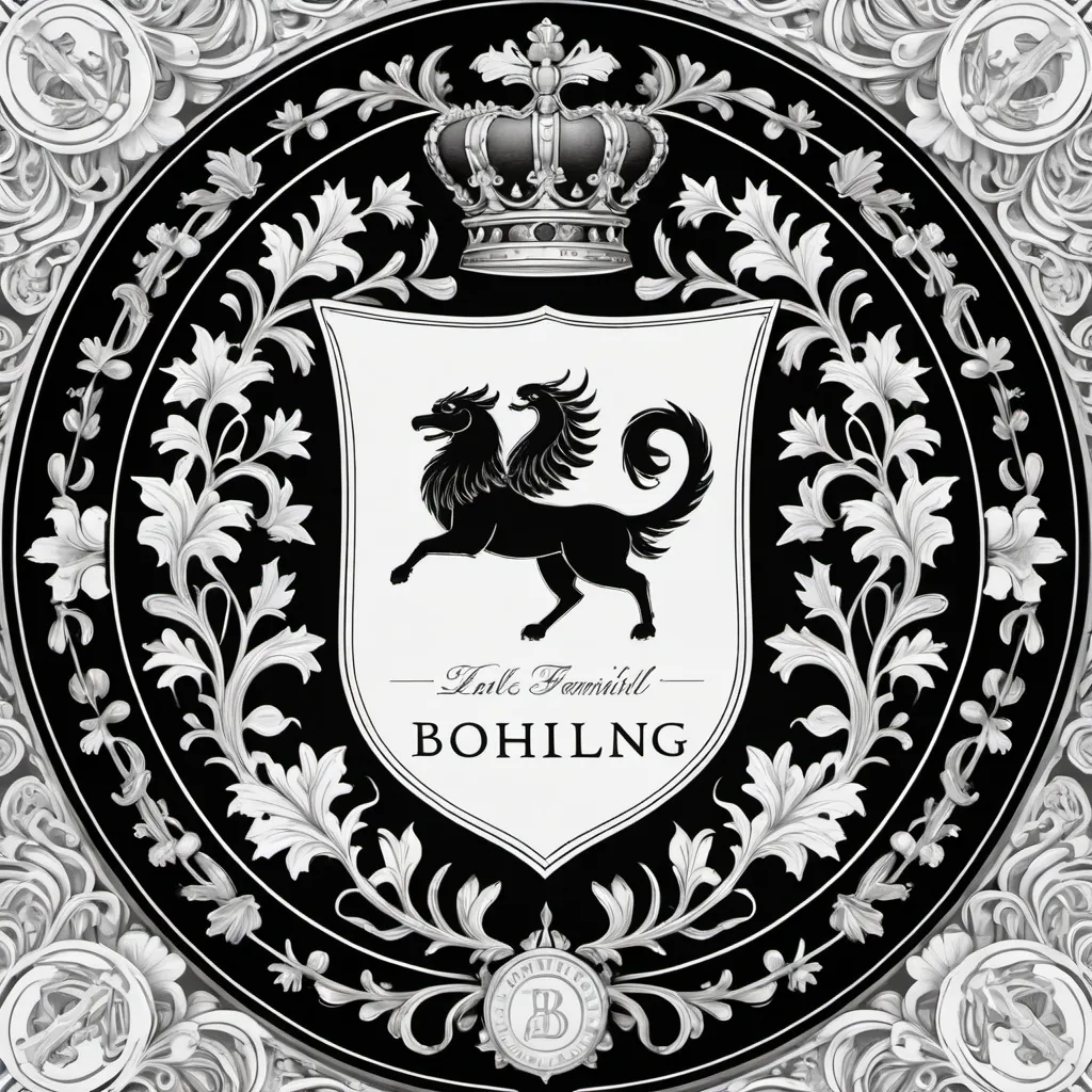 Prompt: a line drawing of a family crest with last name 'BOHLING'