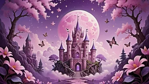 Prompt: violet and pink background goddess theme with castle, cloud, moon, flowers, butterfly, mini star, forest