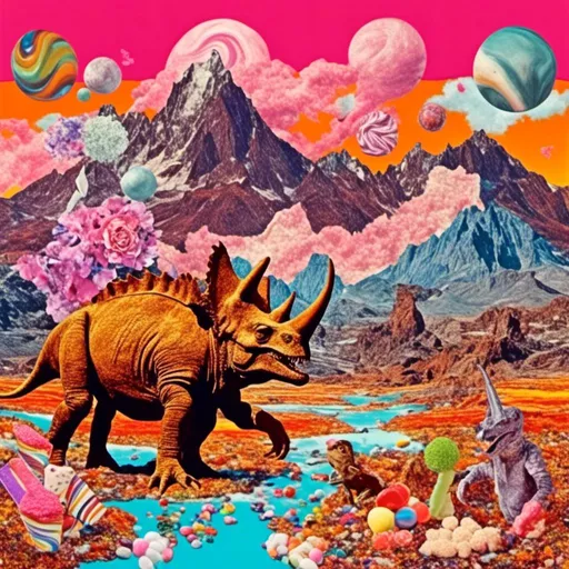 Prompt: <mymodel> In the style of Pablo Picasso and frida Karlo, triceratops and t-rex in a candy landscape with mountains of marshmallows, lollipop flowers and chocolate river, Vintage 70s psychedelic surreal sci-fi. Collage