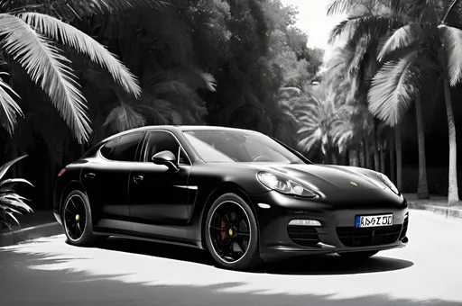 Prompt: Photo of black Porsche Panamera from 2011, show the front, dramatic in the style of Dirk Braeckman, B&W, Jungle and palm Background, old street
