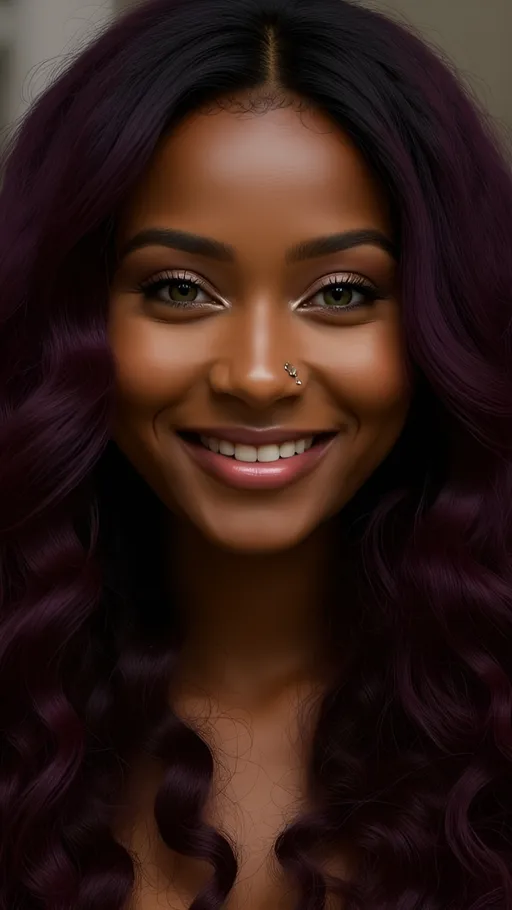 Prompt: Photorealistic photo. 25 year old beautiful, slim, dark skinned woman, long wavy purple/auburn hair, detailed green eyes, light freckles across her nose, friendly smile, shot on a Canon EOS R5 with a 50mm f/1.2 lens, soft natural lighting
