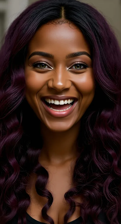 Prompt: Photorealistic photo. Close-up portrait, beaming open mouth laugh

Maintain the exact face, hair, and outfit