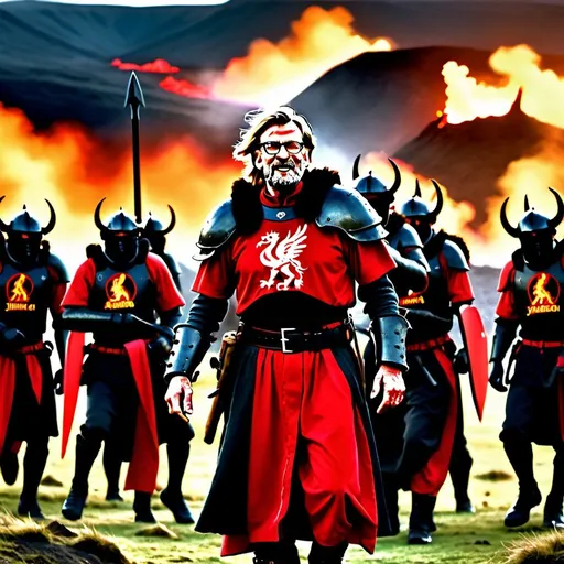 Prompt: /imagine prompt:color photo of Jurgen Klopp leading an army of Liverpool players charging into Mordor,vibrant red kits clashing with dark, ominous Mordor landscape,Klopp's determined expression,players' fierce battle-ready stances,contrast of football gear with fantasy warfare,Mount Doom's fiery crater in background,ash-filled skies,scorched earth underfoot,armored orcs awaiting in battle formation,ominous, adrenaline-fueled,intense anticipation,clash of sportsmanship and epic fantasy warfare,Nikon D850,Fujifilm Velvia 50,70-200mm f/2.8 lens,low-angle shot to capture the vastness,deep depth of field to keep both armies in focus,Tim Burton,Terry Gilliam,Wes Anderson,Hideo Kojima,Steven Spielberg,David Fincher,Christopher Nolan,Emmanuel Lubezki,Roger Deakins,Annie Leibovitz,Alexander McQueen,Vivienne Westwood—c 10 —ar 2:3