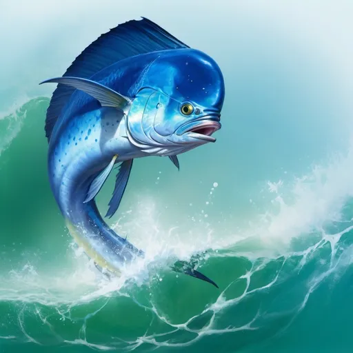 Prompt: a MAHI MAHI fish is jumping out of the water on a wave in the ocean with a blue background and a white wave, David Martin, fantasy art, lostfish, an airbrush painting