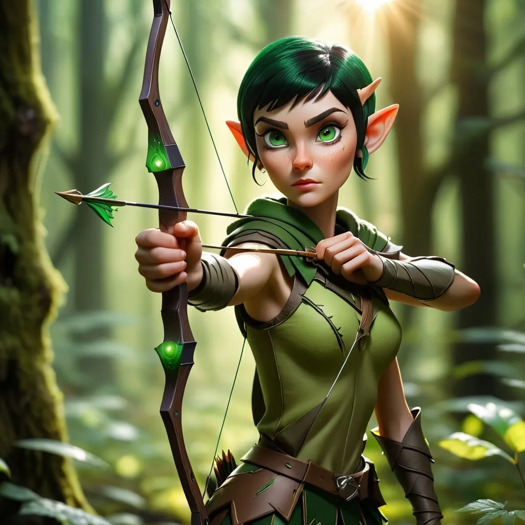 Prompt: Wood Elf ranger in a mystical forest around sunlight. With a black pixie cut and green eyes. Shooting a bow and arrow