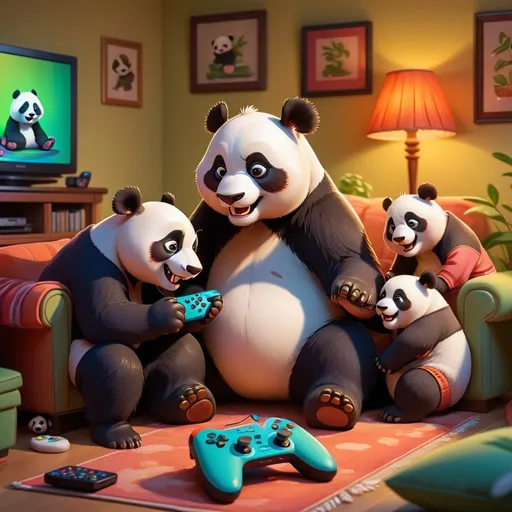 Prompt: Cartoon of a playful panda dad and his 3 young sons,gaming console on TV, cozy living room setting, cheerful and vibrant, family bonding, playful panda dad, 3 children sons,TV screen, cozy living room, vibrant colors, joyful atmosphere, detailed characters, warm lighting