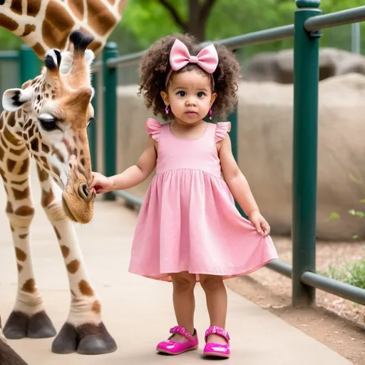 Prompt: a toddler 2 to 3 years old visiting the zoo to see giraffes, wearing a beautiful pink dress and big pink loop earrings, with cute mickey mouse shoes and holding a pacifier. should be mixed race with long curly hair, and green eyes
