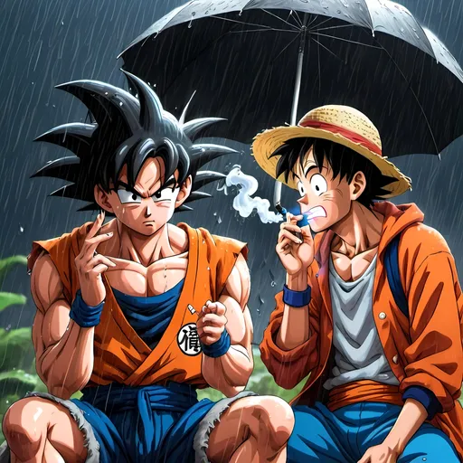 Prompt: Goku from dragon ball with luffy from one piece smoking a blunt in the rain 