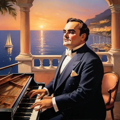 Prompt: Enrico Caruso singing at Terraza hotel, Puerto Sorrento, with evening setting, lights of boats, grand piano, Italian opera singer, detailed facial features, oil painting, romantic atmosphere, warm colors, soft lighting, luxurious, high quality, classic art, operatic, sunset hues, elegant ambiance, iconic tenor, captivating performance