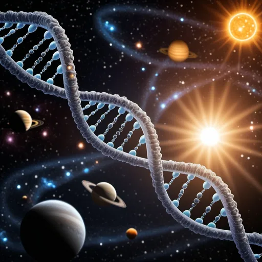 Prompt: Each human body has approximately 30 billion miles of DNA. Space background with solar system. Add tightly woven dna strand to image