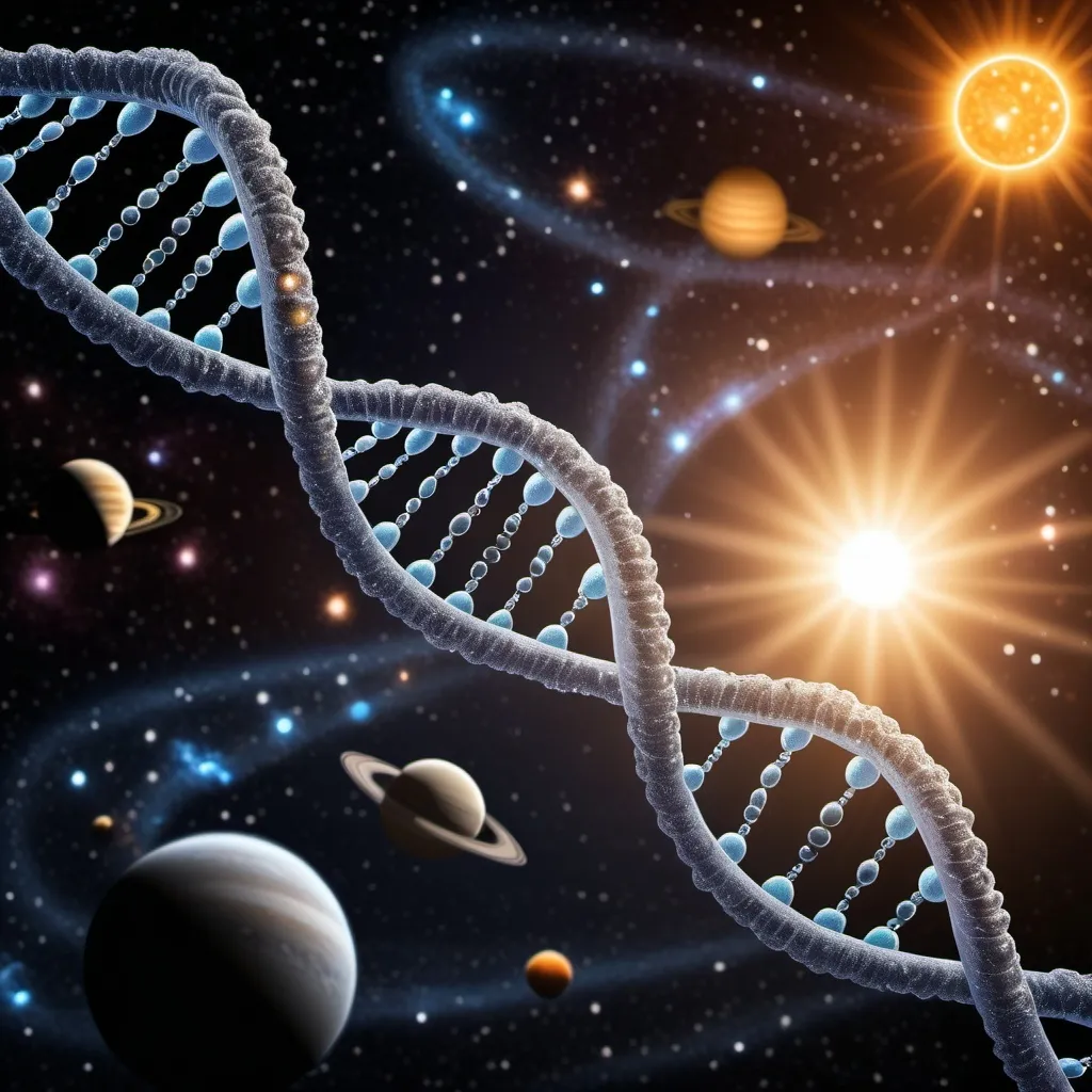 Prompt: Each human body has approximately 30 billion miles of DNA. Space background with solar system. Add tightly woven dna strand to image