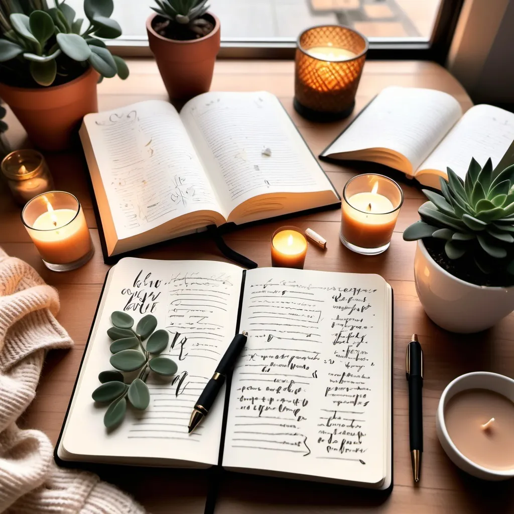 Prompt: (journal theme) self-care journaling, cozy atmosphere, warm tones, soft lighting, inviting workspace, an open journal with beautiful pen, decorative elements such as candles and potted plants, a comfy chair nearby, motivational quotes in elegant handwriting, tranquil ambiance, ultra-detailed, relaxing, soothing vibe, calming color palette, personal reflection and mindfulness themes.