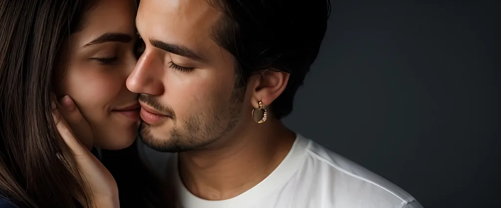 Prompt: Create a photorealistic image of couple, high definition, 50 mm, dark blurred background. 
The man has a short, mid-groomed beard and is gently holding the woman's face with one hand. He wears white earing and dark blue shirt. Woman has eyes closed. Both have serene and affectionate expressions. The lighting is soft, highlighting their faces and creating an cozy atmosphere.