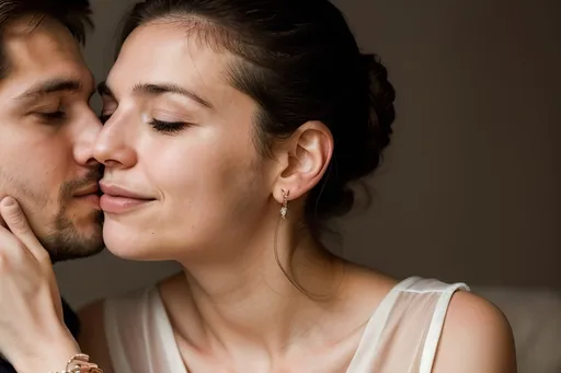 Prompt: Create a photorealistic image high definition of couple, 50mm. 
The man has a mid-groomed beard and is gently holding the woman's face with one hand. Woman has eyes closed. Both have serene and affectionate expressions. The lighting is soft, highlighting their faces and creating an cozy atmosphere. The background is dark and neutral and blurred, ensuring the focus remains on the couple.