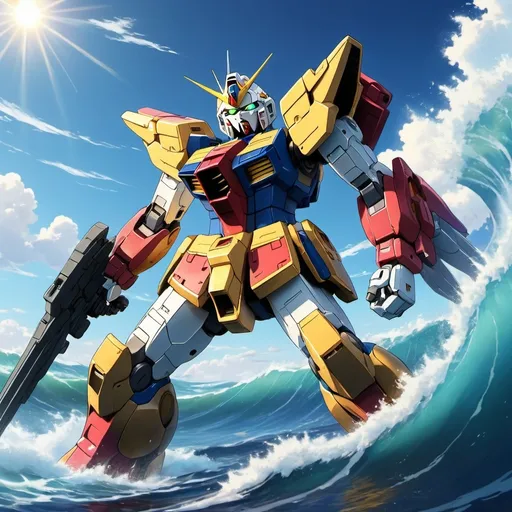 Prompt: Anime style waves, with a Gundam coming out of the water. A clear sky with minimal clouds and a sun in the background.