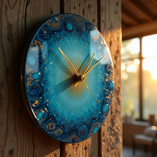 Prompt: Create a real image of a resin epoxy clock in hero shoot on the wall.