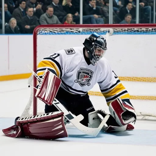 Prompt: hocke goalie falling down
