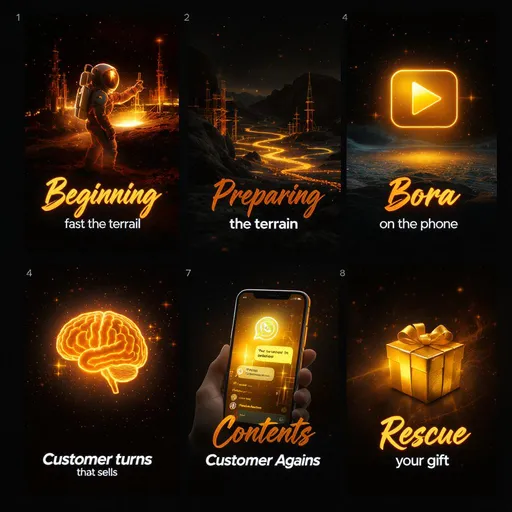 Prompt: Crie 8 imagens no tamanho 1080x1350, no estilo futurista e tecnológico, com fundo escuro, luzes e brilhos dourados/alaranjados, mantendo o mesmo padrão visual entre todas.  
Na parte inferior, adicione uma faixa preta semi-transparente e centralize o texto em duas linhas, usando a primeira linha em fonte brush chamativa (laranja ou branca) e a segunda linha em fonte fina e moderna (branca ou laranja).  
Cada imagem deve ter um elemento principal no centro, em 3D ou realista, que represente o tema, com iluminação e destaque.  

Temas e textos para cada imagem:  
1 - Astronauta com visor dourado brilhando — Texto: "COMEÇO" (laranja, fonte brush) e abaixo "Rápido" (branca, fonte fina).  
2 - Paisagem futurista com solo iluminado e construções — Texto: "PREPARANDO" (laranja, fonte brush) e abaixo "o Terreno" (branca, fonte fina).  
3 - Botão de play dourado luminoso — Texto: "BORA" (laranja, fonte brush) e abaixo "Vender" (branca, fonte fina).  
4 - Smartphone exibindo gráficos de vendas — Texto: "ESCALANDO" (laranja, fonte brush) e abaixo "no Celular" (branca, fonte fina).  
5 - Cérebro dourado brilhante com circuitos — Texto: "VIRANDO" (laranja, fonte brush) e abaixo "Autoridade" (branca, fonte fina).  
6 - Smartphone com tela dourada brilhando — Texto: "CONTEÚDO" (laranja, fonte brush) e abaixo "que Vende" (branca, fonte fina).  
7 - Conversa de WhatsApp futurista em tela dourada — Texto: "CLIENTE VIRA" (laranja, fonte brush) e abaixo "cliente de novo" (branca, fonte fina).  
8 - Presente dourado futurista brilhando — Texto: "RESGATE" (laranja, fonte brush) e abaixo "seu Presente" (branca, fonte fina).  

Todos no mesmo estilo, cores e proporções, prontos para serem usados como capas de módulos de um treinamento.

