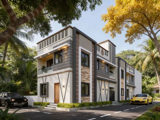 Prompt: Create highly realistic architectural visualizations based on the given SketchUp model. IMPORTANT: DO NOT change the design, shape, proportions, structure, mass of buildings, facades, openings or any architectural elements. The building must remain EXACTLY as the original model. Visualizations should look like PROFESSIONAL PHOTOS, not illustrations or artistic renderings. Environment: The atmosphere of luxury housing in Indonesia, shady and mature tropical environment, large trees such as Parahyba trees, golden ketapang, and tropical shade trees, neat, natural and realistic garden plants, clean and quiet residential neighborhood roads, the impression of a comfortable and lively elite residence.