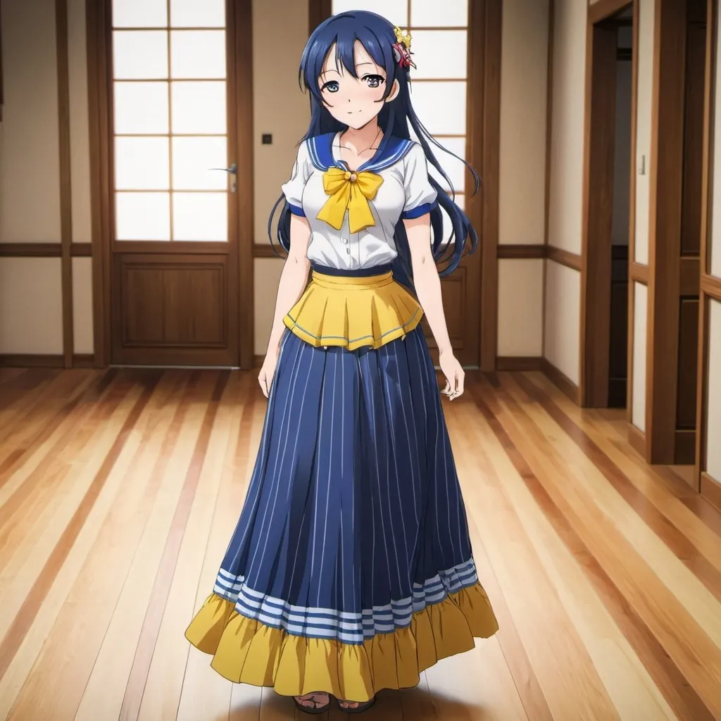 Prompt: Love Live anime Umi Sonoda with large yellow eyes is wearing a maxi long floor-length vertical blue striped skirt that is extremely long. She is standing on a wooden floor.