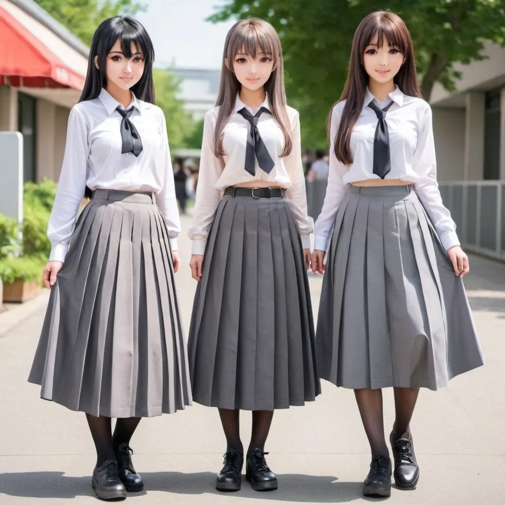 Prompt: Anime girls wearing long pleated gray skirts.