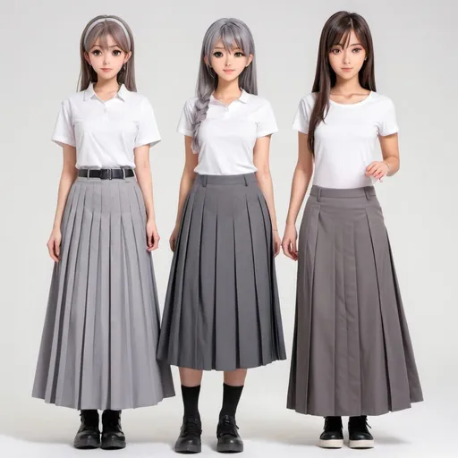 Prompt: Anime girls wearing maxi pleated gray skirts.