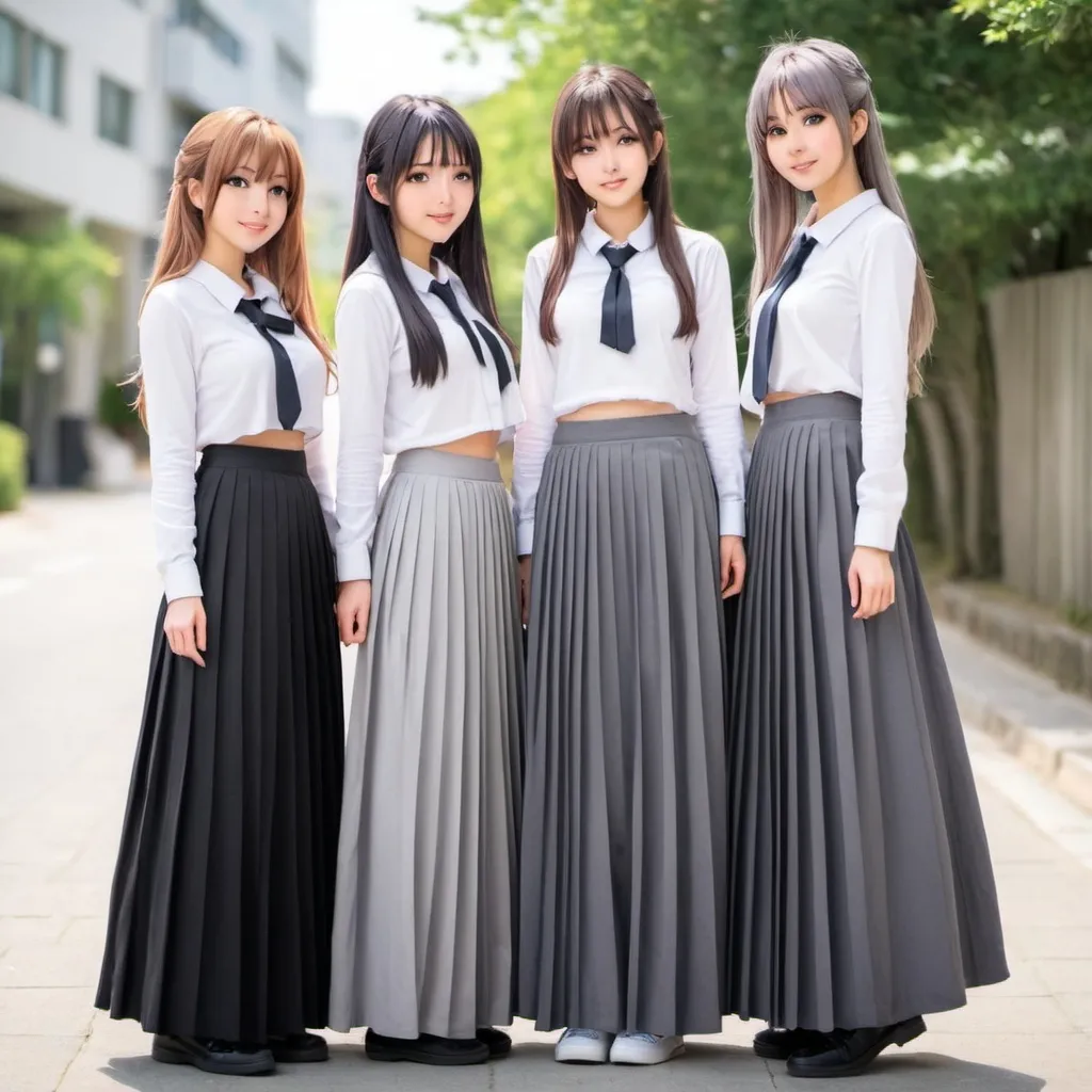 Prompt: Anime girls wearing maxi long pleated gray skirts.